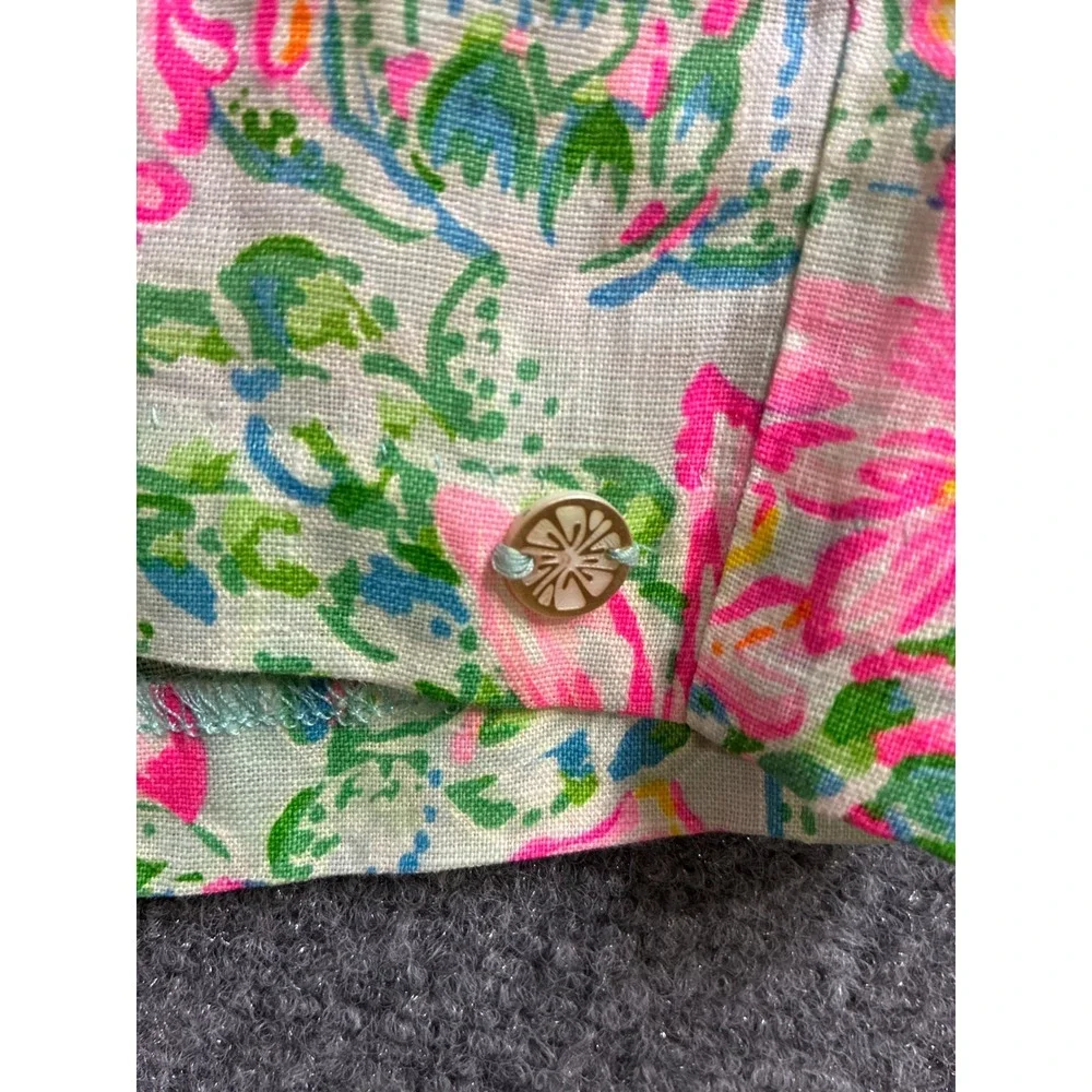 Lilly Pulitzer XXS Pink Green Floral Linen Pull On Shorts Elastic Waist 3 Inseam